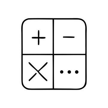 Hand-drawn calculator icon with math symbols. Minimalist black and white sketch of addition, subtraction, and multiplication signs for education.