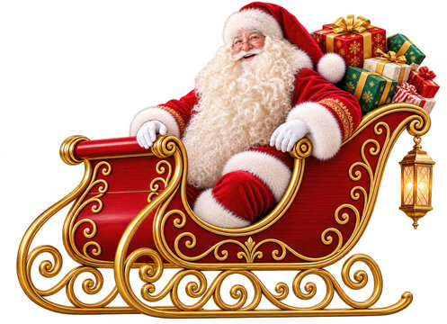 santa claus with gifts siting in red sleigh