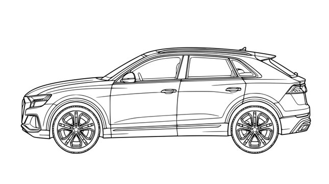 Modern Luxury SUV Sport Car Side View Vector Line Art Technical Illustration Blueprint for Automotive Design