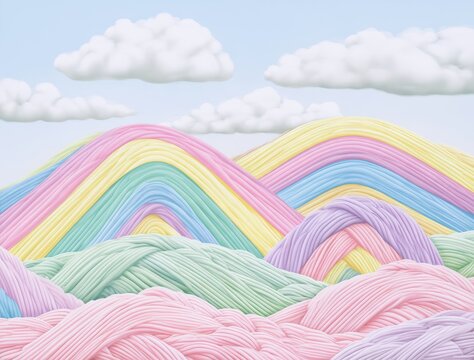 Pastel yarn landscape with rolling hills and fluffy clouds in a whimsical dreamlike style