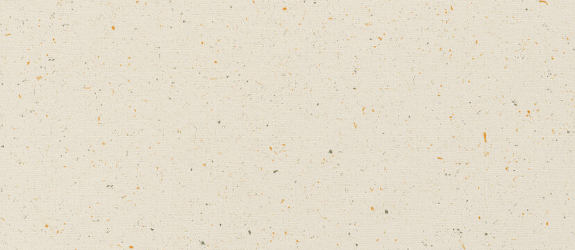 warm beige textured handmade recycled paper background with scattered gold and dark flecks.