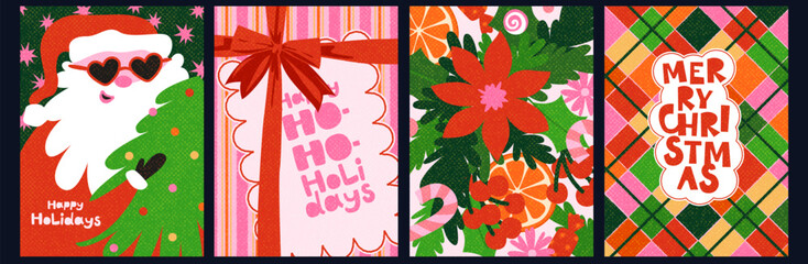 Fototapeta na wymiar Merry Christmas greeting card with cute cartoon Santa, tree, flowers in flat style, vector winter holiday background. Handmade cartoon design with noisy texture, plaid pattern. New Year greetings