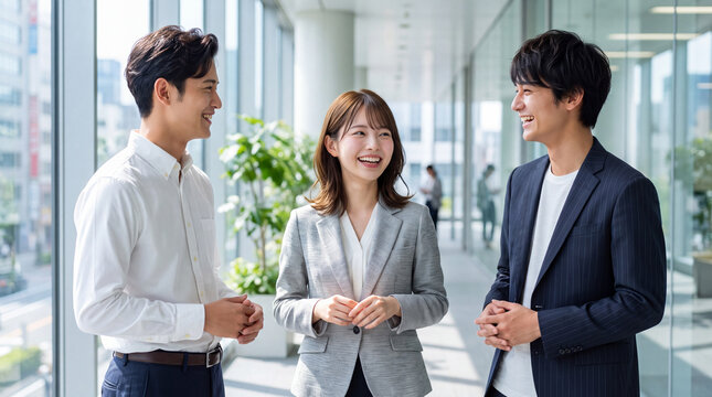 談笑しながらアイデアや意見を交わす若手ビジネスパーソン（採用・リクルート・チームワーク・信頼感）