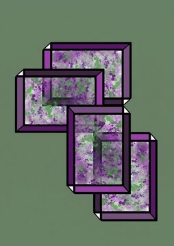 A graphic art composition showing four stepped, overlapping rectangular frames set against a muted green background. The thick dark purple frames border semi-transparent panels filled with a soft spla