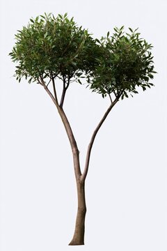 Slender broadleaf tree with a forked trunk and airy crown, featuring rough bark and sage green foliage for architectural visualization and garden plans