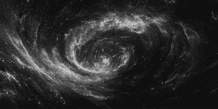 Milky way galaxy nebula with scattered stars in pointillism style. Retro deep space background in grainy stipple texture for music poster, concert banner, cd cover and collage. Vector illustration