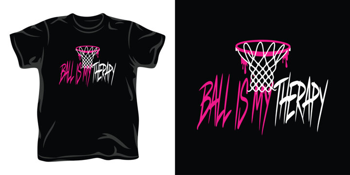t-shirt Basketball hoop with dripping pink rim and netting design on black t-shirt mockup for sports fans looking for trendy streetwear apparel ideas.
