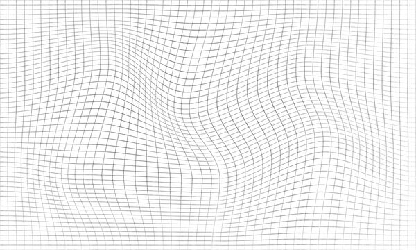 Abstract wavy black wireframe grid pattern with distorted ripple mesh on transparent background
