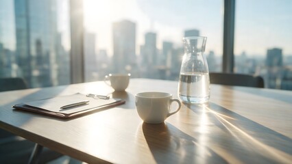 Fototapeta na wymiar Modern office meeting table with coffee cups and city skyline view at sunset
