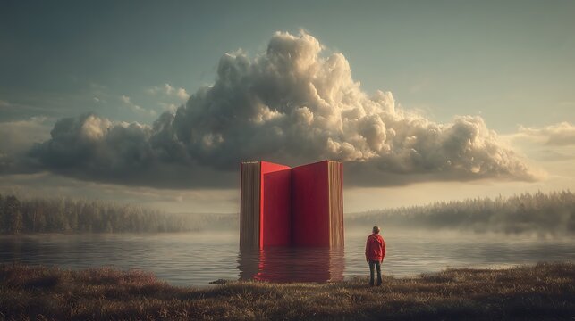 Man in orange jacket standing by a surreal open book portal in a misty landscape representing imagination and discovery