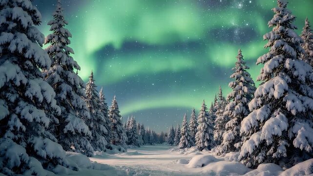 Snowy pine forest path under northern lights and starry sky. aurora borealis glows above a tranquil winter landscape at midnight.
