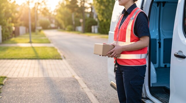 Postal worker in reflective safety vest holding parcel beside delivery van at sunset, photorealistic logistics and occupational safety image with copy space
