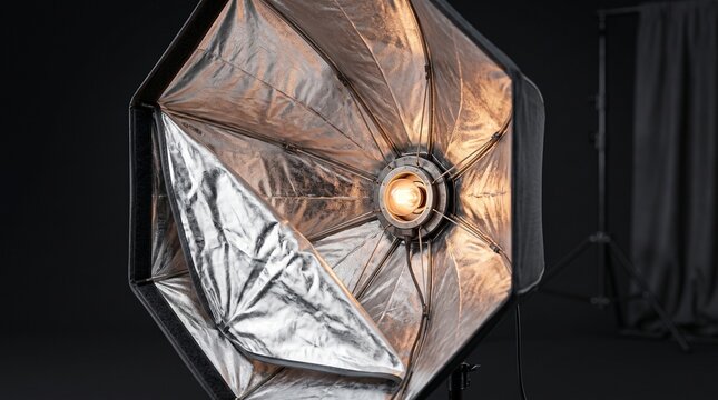 Professional softbox with exposed silver interior and glowing tungsten modeling light, photorealistic close up of studio lighting modifier and reflective structure
