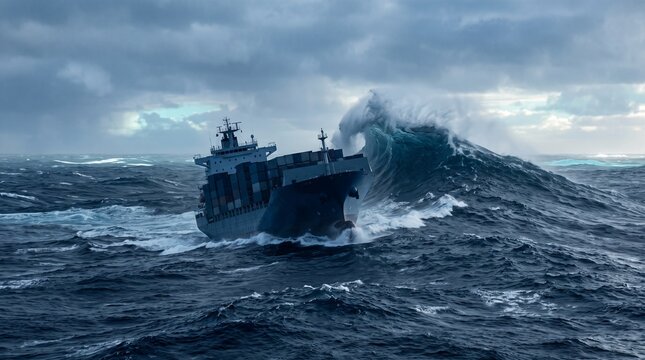 Cargo ship confronting towering rogue wave in severe open sea storm, photorealistic maritime disaster scene for extreme weather, shipping risk and climate themes