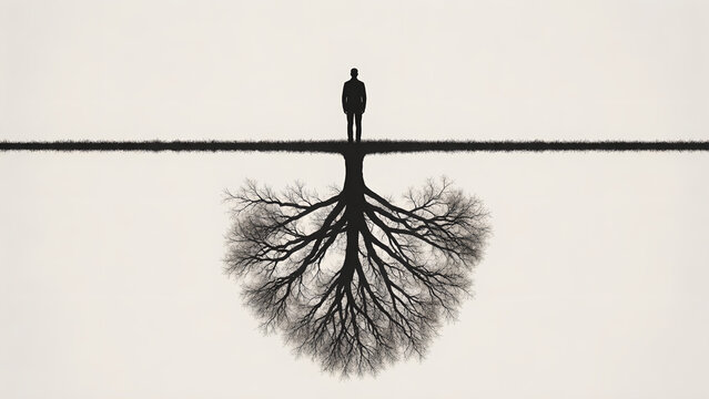 Conceptual silhouette of a man standing on a line with an inverted tree root system.