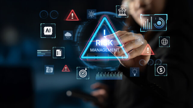 Futuristic risk management featuring AI agents analyzing data, detecting anomalies, and predict financial threats. Represents dynamic risk assessment, compliance, and cyber resilience. Corpus
