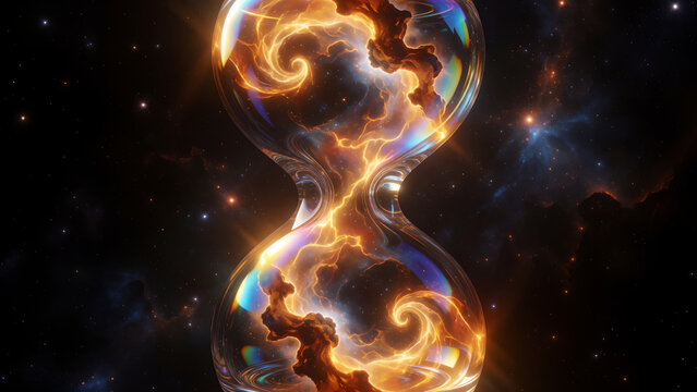 Abstract hourglass shape containing swirling golden cosmic energy against a dark starry space background.