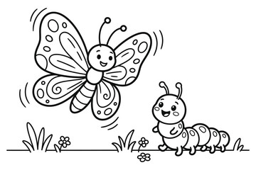 Obraz premium Butterfly flying near cute caterpillar in garden vector graphic
