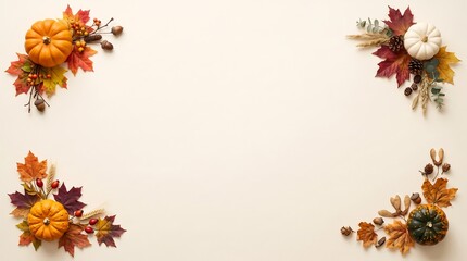 Fototapeta premium Autumn harvest pumpkin and colorful fall leaf corner border frame decoration for thanksgiving holidays and seasonal autumn celebration events