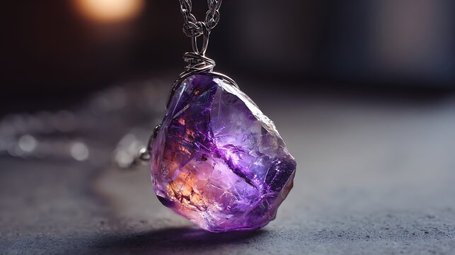 Raw amethyst crystal pendant natural gemstone jewelry mystical healing accessory isolated on dark textured background