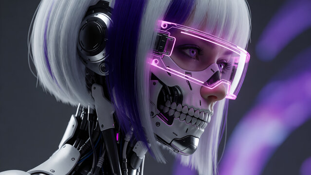Portrait of a futuristic female cyborg with glowing purple visor and robotic skull mask.