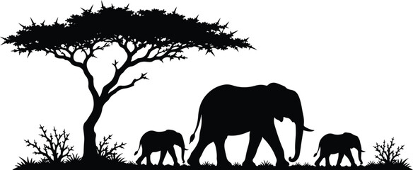 Mother And Baby Elephants Under Acacia Tree Silhouette Vector Clipart © SHARMIN