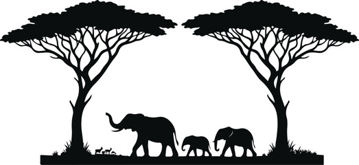 Trumpeting Elephant Family African Acacia Trees Landscape Silhouette Vector Clipart © SHARMIN