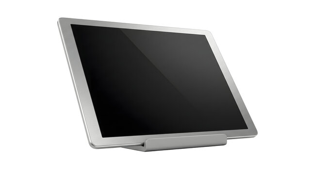 Silver framed digital tablet with blank screen angled on a white surface isolated on transparent background