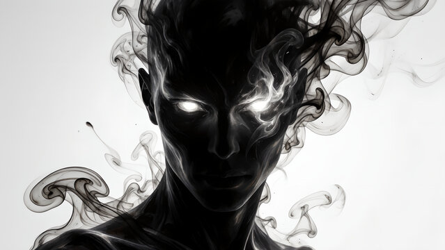 Abstract portrait of a mysterious human figure emerging from swirling black smoke.