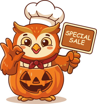 Cute owl chef mascot in a pumpkin Halloween costume holding a Special Sale wooden sign and giving an OK gesture. High-quality vector illustration for bakery, cafe, and autumn promo.