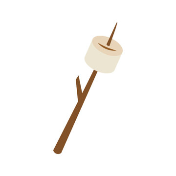 Roasted marshmallow on a wooden stick icon. Sweet grilled dessert for campfire and camping food illustration. Flat vector illustration isolated on white background.