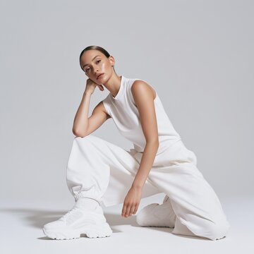 Stylish woman presenting a white sneaker in a minimalist studio setting.