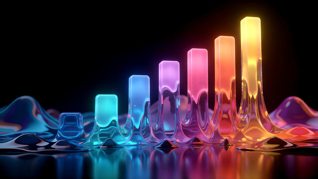 Abstract 3D bar chart with glowing liquid glass effect and vibrant gradient colors.