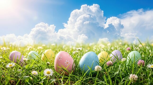 Bright blue sky and fluffy white clouds over colorful Easter eggs hidden in green grass with small flowers.