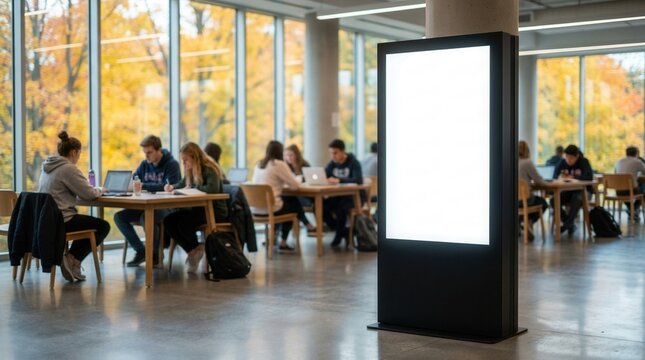 Modern digital screen displays blank white space for ads in a busy indoor study hall with people on laptops.