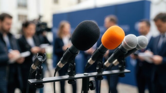 Media event communication for announcements and interviews featuring press conference microphones on stands.