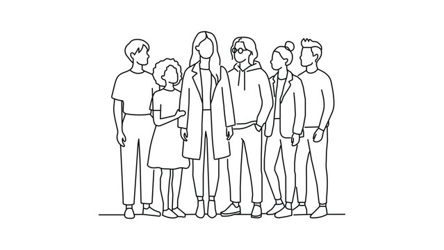 Diverse group of people standing together in minimalist line art style