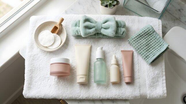 Kid skincare products, folded towels, headband, brush, and washcloth are arranged from above, presenting a gentle daily care set for cleansing, moisturizing, grooming, and self-care.