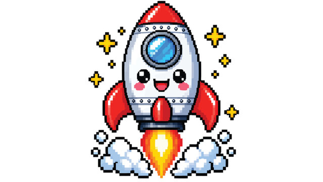 Cute cartoon rocket launching into space with fiery exhaust, stars and smoke clouds, colorful pixel art illustration isolated on white