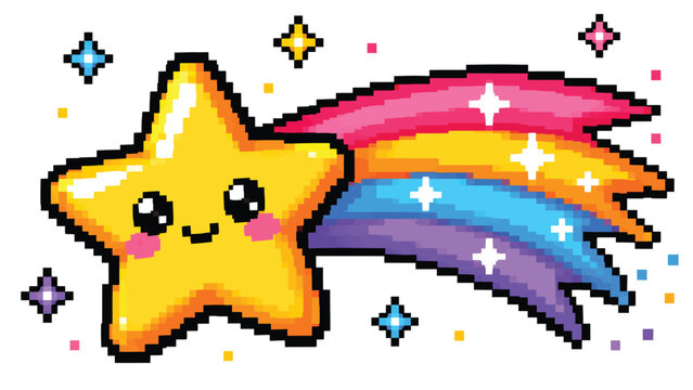 Cute smiling yellow star shooting across a colorful rainbow trail with sparkles isolated on white background, magical pixel art