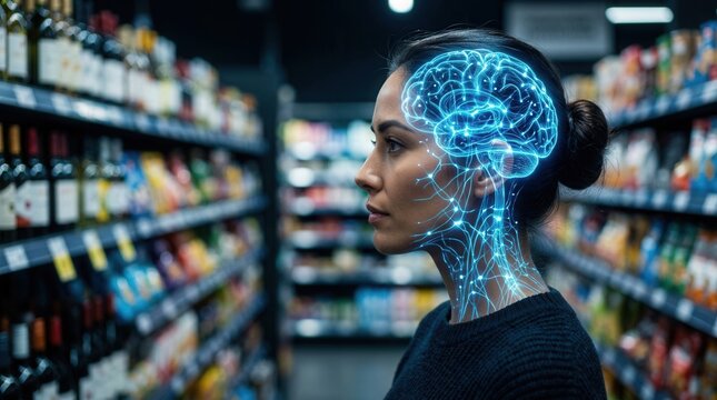 Smart retail tech helping consumers decide purchases in store with digital brain network overlay on woman.