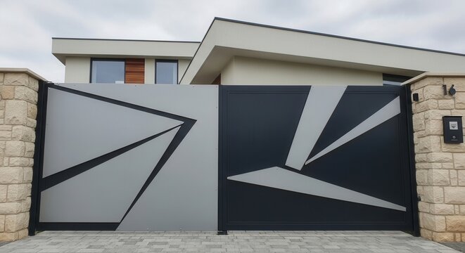 Modern Geometric Automatic Gate With Stone Pillars And Contemporary Home