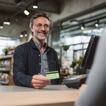 Smiling man holding a credit card towards a payment terminal at a checkout counter