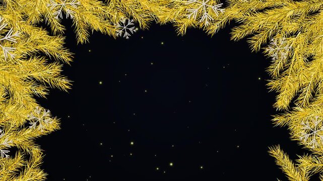 Christmas advent calendar luxury sliding doors animation on dark background. Golden pine arch with snowflakes frames scene. Royal burgundy panels open to reveal magical burst of gold dust sparks