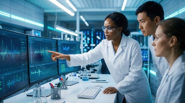 Researchers discuss graphs and charts in a modern lab, indicating teamwork and innovation in scientific study.