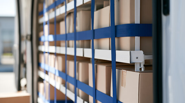 Interior view of delivery van loaded with cardboard parcel boxes secured with blue straps for safe transport and distribution process