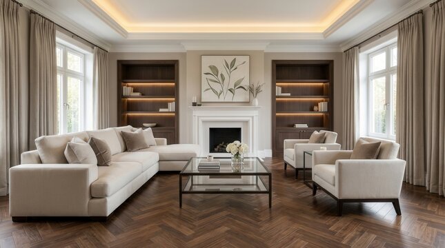 Elegant living room featuring a tufted sofa, glass tables, and cozy decor in a transitional interior design.