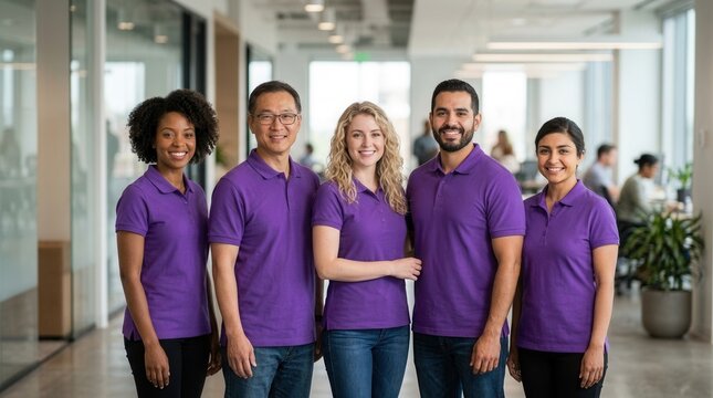 Company staff in matching purple polo shirts standing together, representing teamwork and a collaborative spirit.