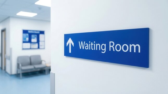 Clean minimalist medical interior featuring a blue waiting room sign and empty corridor.