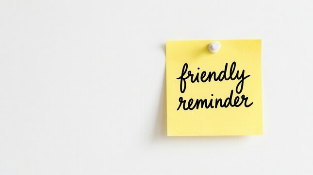 Handwritten friendly reminder on a yellow sticky note pinned to a white wall for communication and tasks.